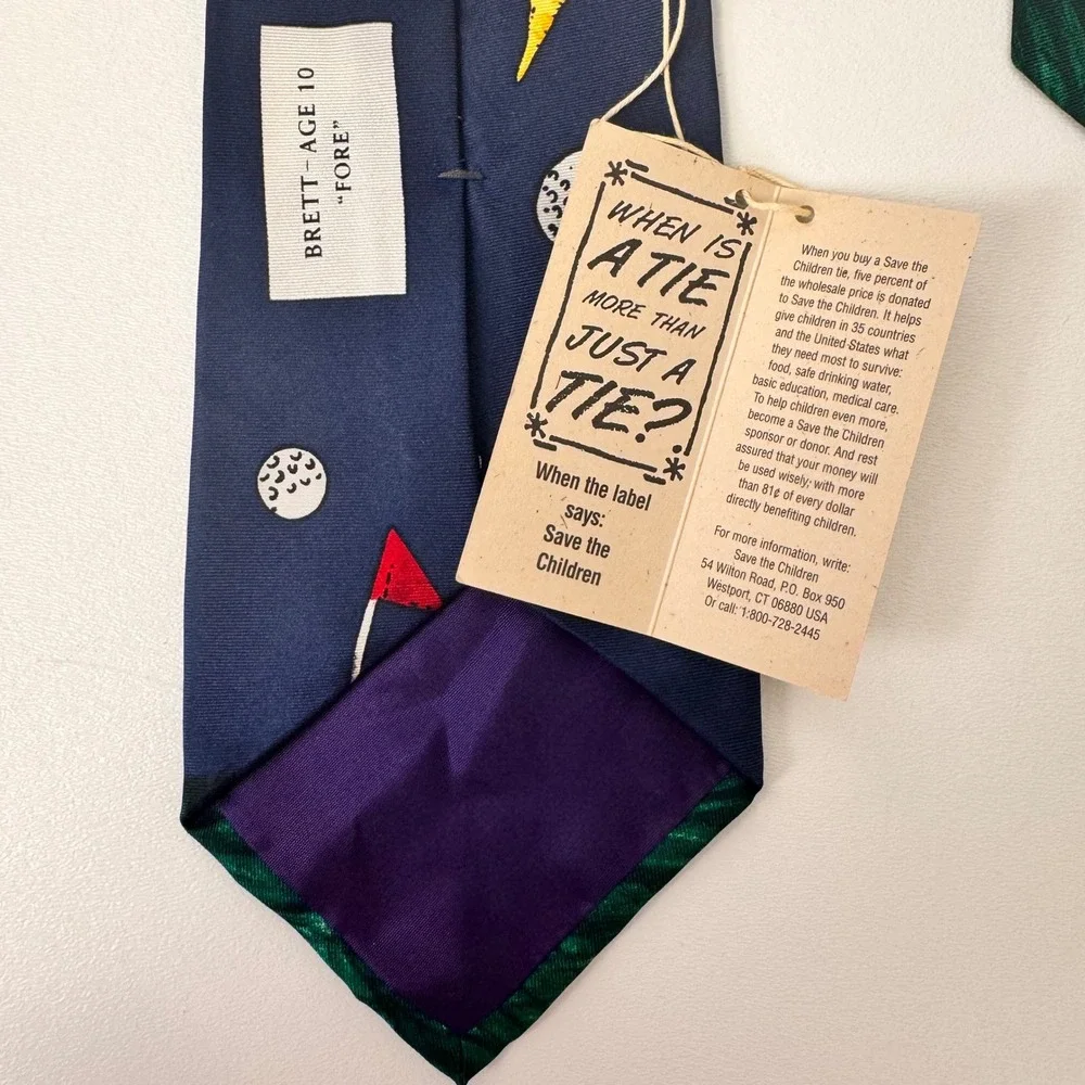 Vintage NWT Save the Children Necktie Men OS Navy Blue Silk Golf Fore‎ Novelty